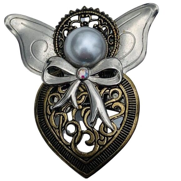 Vintage Silver Gold Tone Faux White Pearl Rhinestone Paisley Heart Angel Brooch - Picture 1 of 6